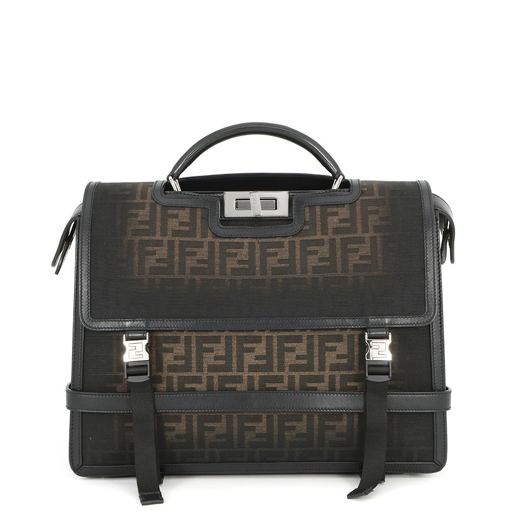 Fendi Peekaboo Zucca Handbag Business Bag Canvas Leather Backpack Black